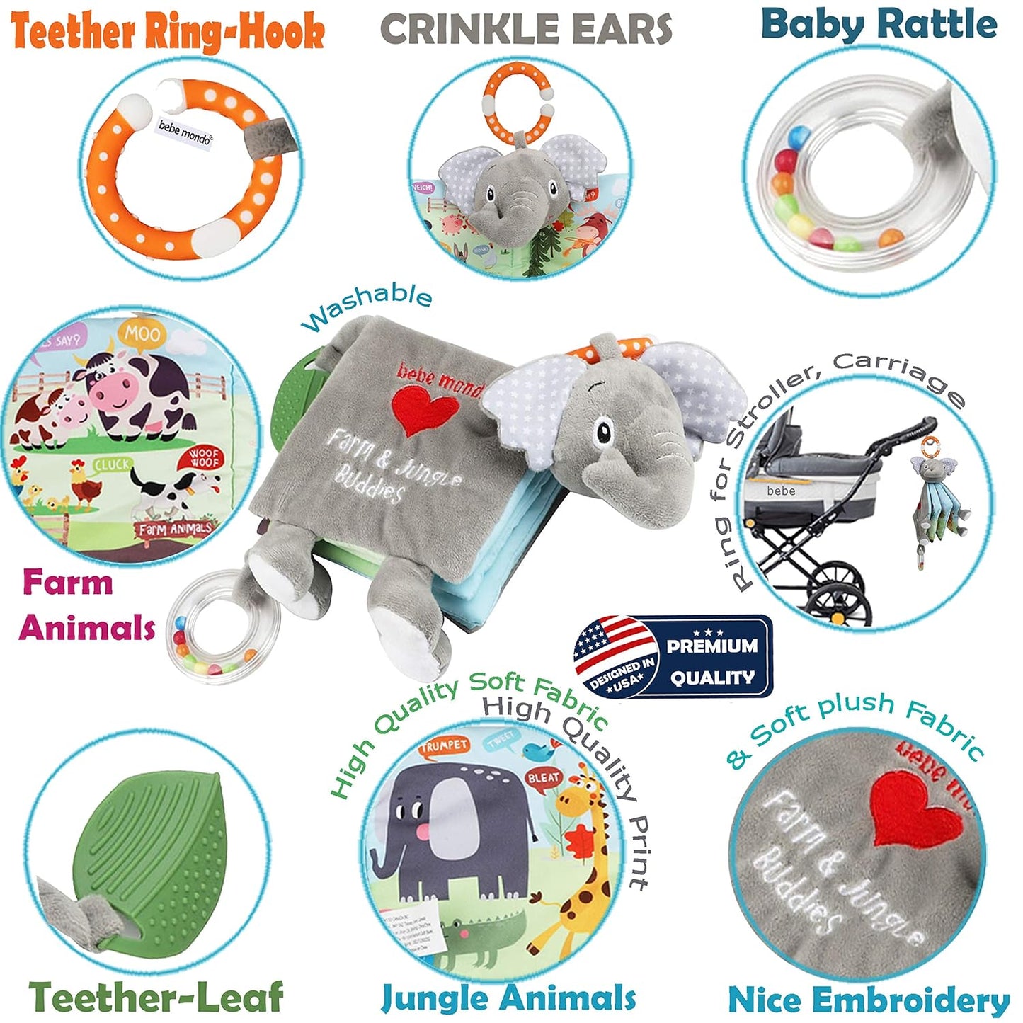 Elephant Touch and Feel Baby Books Toys 0-6 Months, Loveys Crinkle Books for Babies,Infant Toys 6-12-18 Months 1-2 Year Old, Baby Shower Easter Gifts Soft Cloth Book Teething Rattle for Boys Girls
