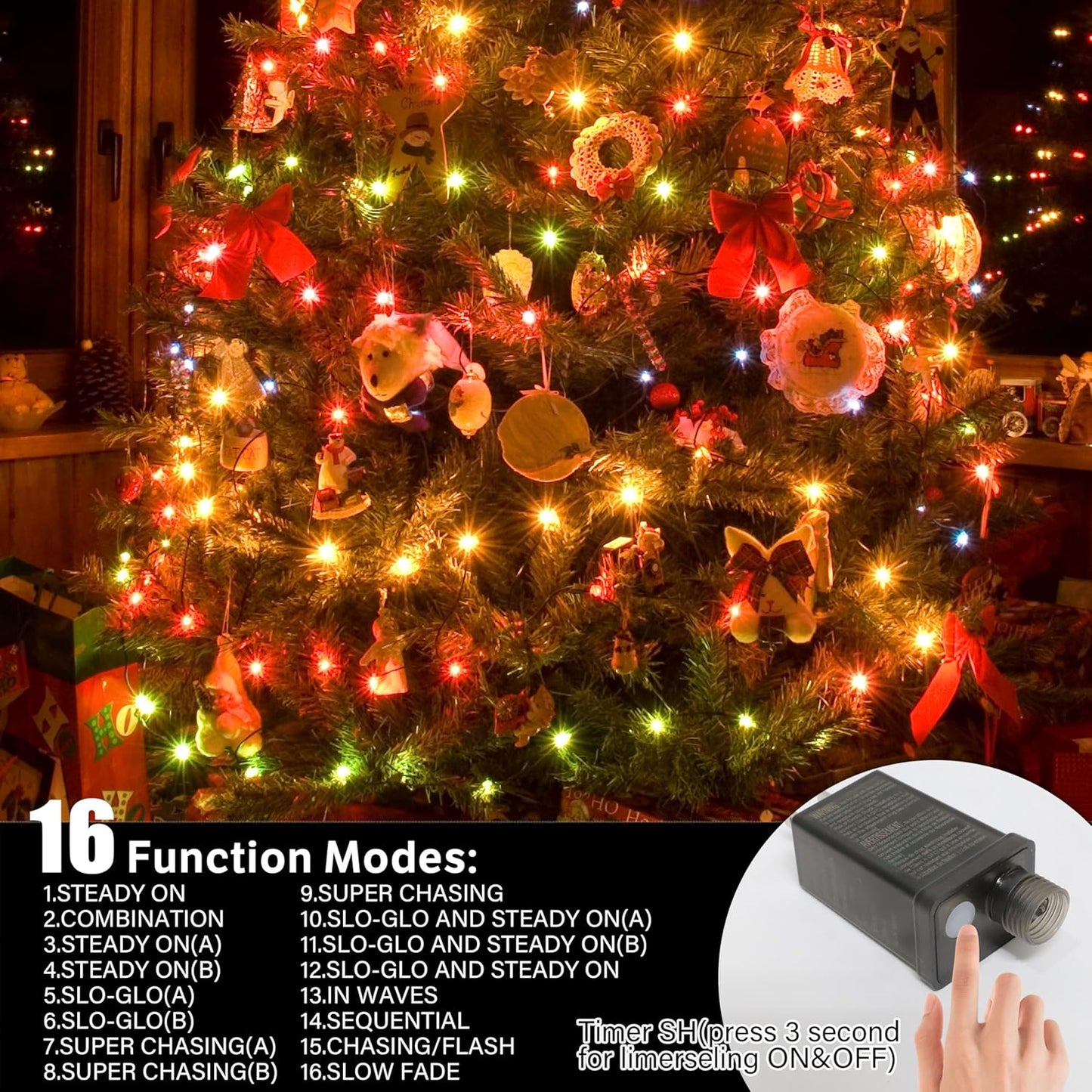 66ft Christmas Decorative Mini Lights, 200 LED Green Wire Fairy Starry String Lights Plug in, 16 Lighting Modes for Outdoor Xmas Tree Wedding Party Decoration (Warm and Multicolor)