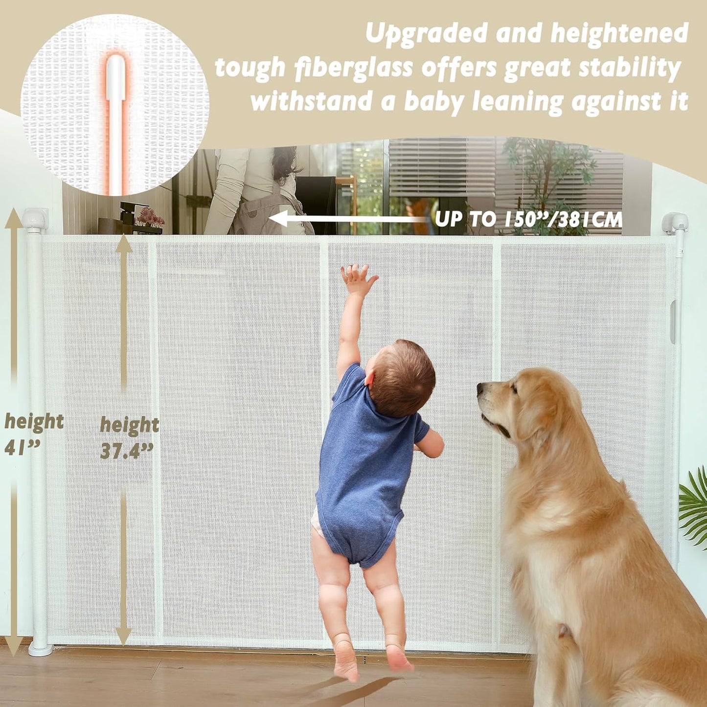 150" Extra Wide Retractable Baby Gates Dog Gate for Large Opening, 41" Extra Tall Mesh Pet Gate, Long Child Safety Gates with Fiberglass Rods for Stairways, Doorways, Hallways - Indoor/Outdoor Use